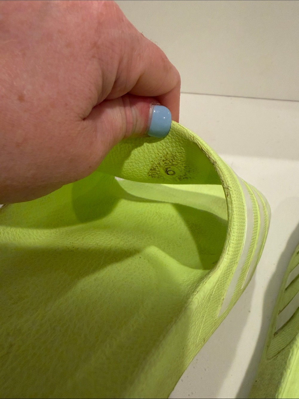adidas Neon Lime Slide Sandals with White Stripes - Picture 3 of 3